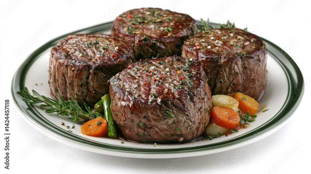 Dinner plate with medium beef filet, garnished with herbs and vegetables. Dinner plate with medium beef filet, garnished with herbs and vegetables.