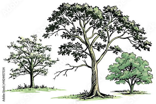 37 Watercolor trees, botanical illustration, side-by-side comparison, three different tree species, lush green foliage, distinct tree shapes, white background, realistic detail, nature study, environm