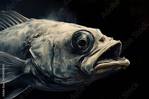 Close-up portrait of a deep-sea fish, showcasing its textured skin and gaping mouth.