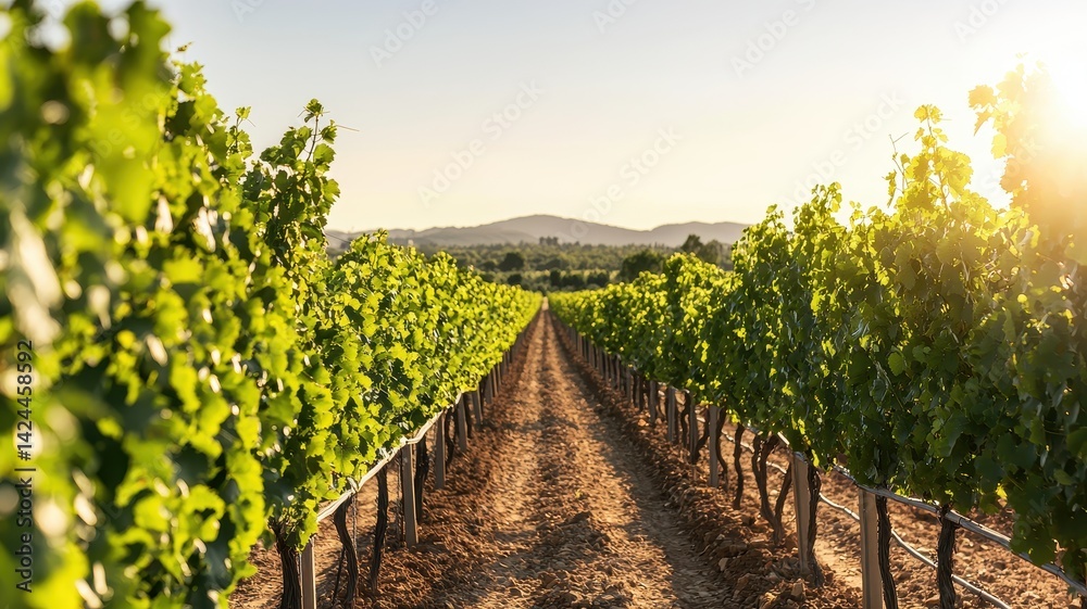 Obraz premium Community farm irrigation. Lush vineyard rows stretch toward the horizon under a clear sky.