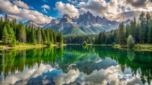 A Still Lake Surrounded by High Green Mountains in Tranquil Nature

 photo