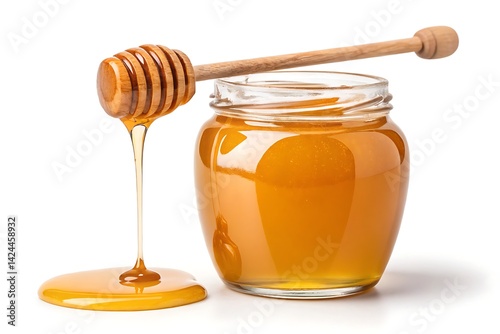 Honey jar filled with golden honey, wooden dipper dripping thick honey isolated on white
