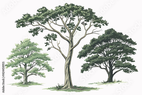 37 Watercolor trees, botanical illustration, side-by-side comparison, three different tree species, lush green foliage, distinct tree shapes, white background, realistic detail, nature study, environm