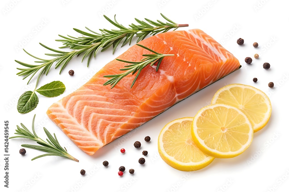 Raw Salmon Fillet with Fresh Rosemary Sprigs, Lemon Slices and Pepper Isolated Raw Salmon Fillet with Fresh Rosemary Sprigs, Lemon Slices and Pepper Isolated