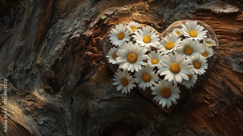 Heart Shaped Wood Decorated with Daisies on Bark
