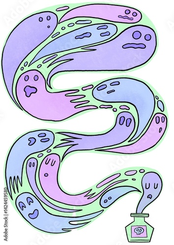 A Group of Illustrated Ghosts and Spirits Coming Out of a Jar