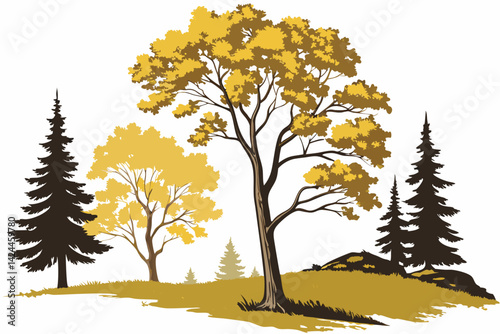 38 Watercolor trees, vibrant yellow and green foliage, autumn colors, elegant cypress, maple tree, poplar tree, stylized vector illustration, botanical art, minimalist design, white background, isolat