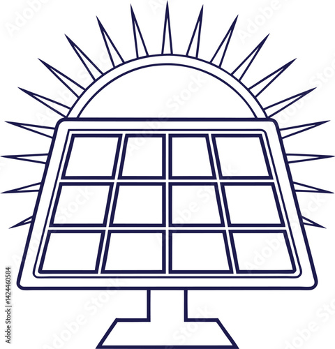 Simple Line Drawing of a Solar Panel with Sun Rays