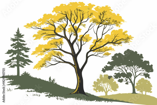 38 Watercolor trees, vibrant yellow and green foliage, autumn colors, elegant cypress, maple tree, poplar tree, stylized vector illustration, botanical art, minimalist design, white background, isolat