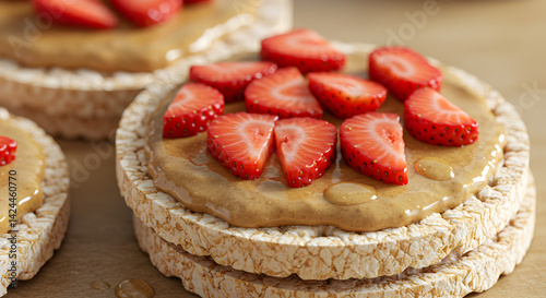 Healthy Snack Rice Cakes Topped With Peanut Butter And Fresh Strawberries