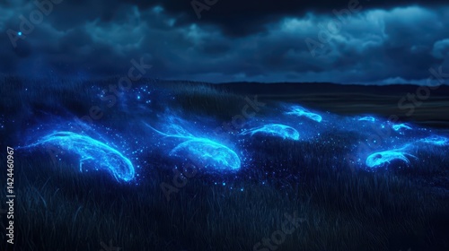 Bioluminescent creatures illuminated on a grassy plain at night.