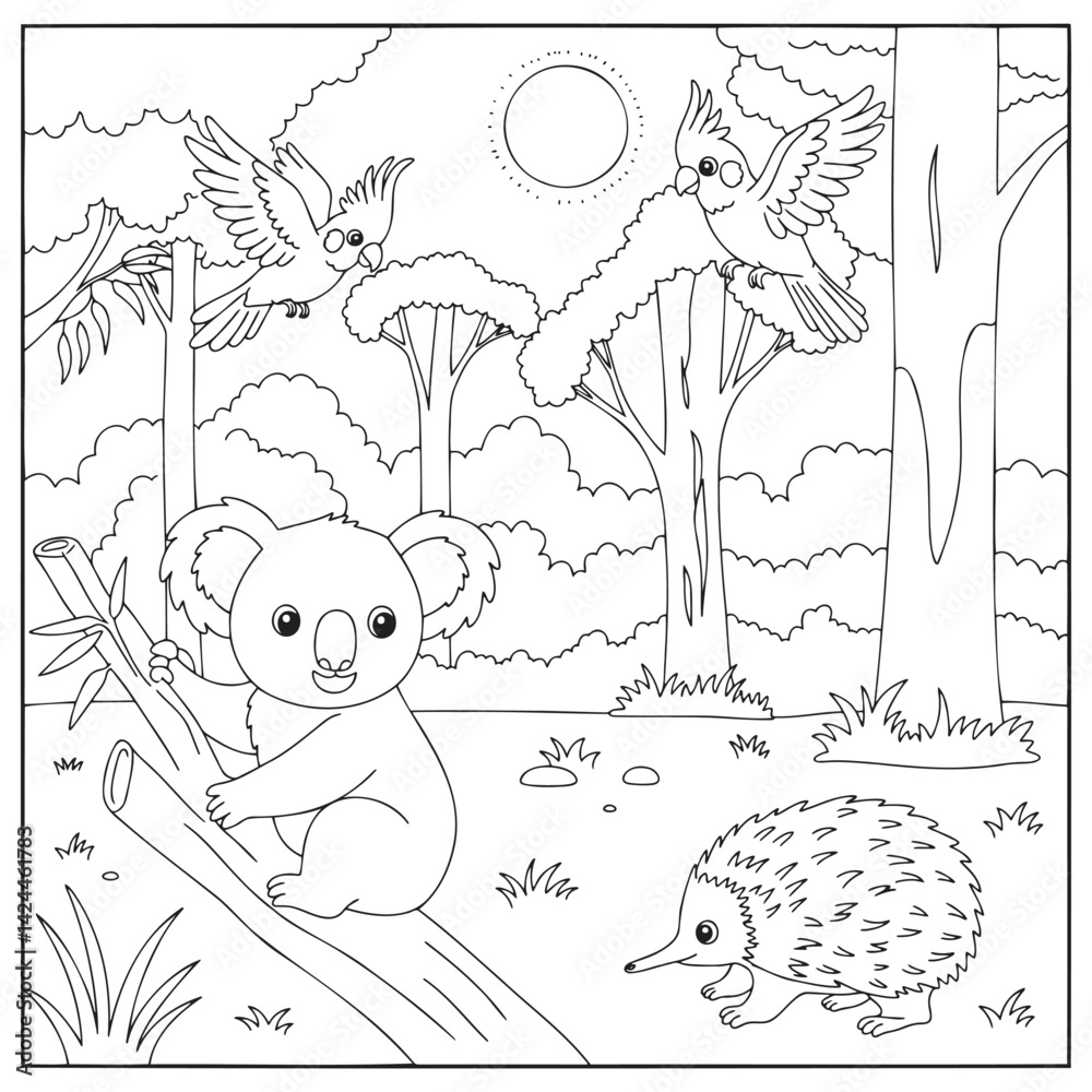 Fototapeta premium Australian wildlife coloring page featuring koala, echidna, cockatoos and nature background