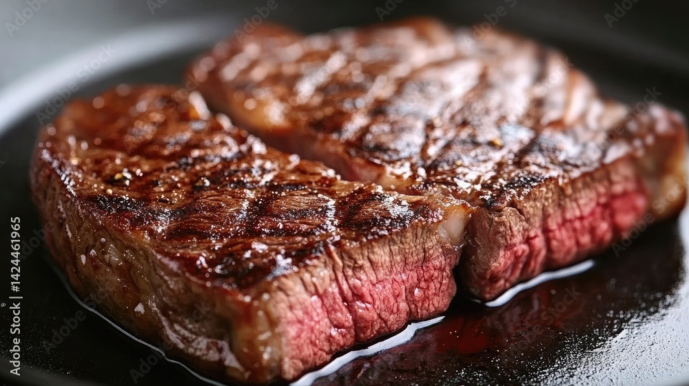 Medium-done steak ready to be served on cast iron skillet. Medium-done steak ready to be served on cast iron skillet.