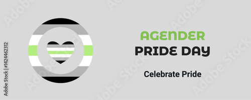 Agender Pride Day, 19th May, agender pride flag in a circle,  inside the heart shape. Vector banner for Agender Pride Day isolated on a light grey background.