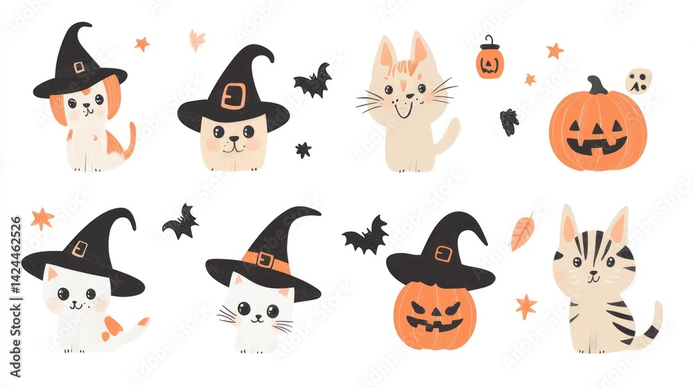 Naklejka premium Cute Halloween cats and pumpkins