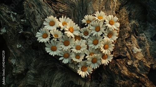 Heart of daisies on weathered wood