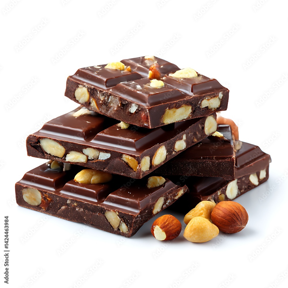 A studio shot of chocolate pieces with nuts, isolated on a clean white background A studio shot of chocolate pieces with nuts, isolated on a clean white background
