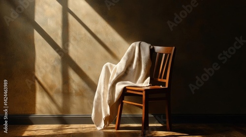 Wooden chair with a white blanket draped over it. the chair is placed against a dark wall with a wooden floor. photo