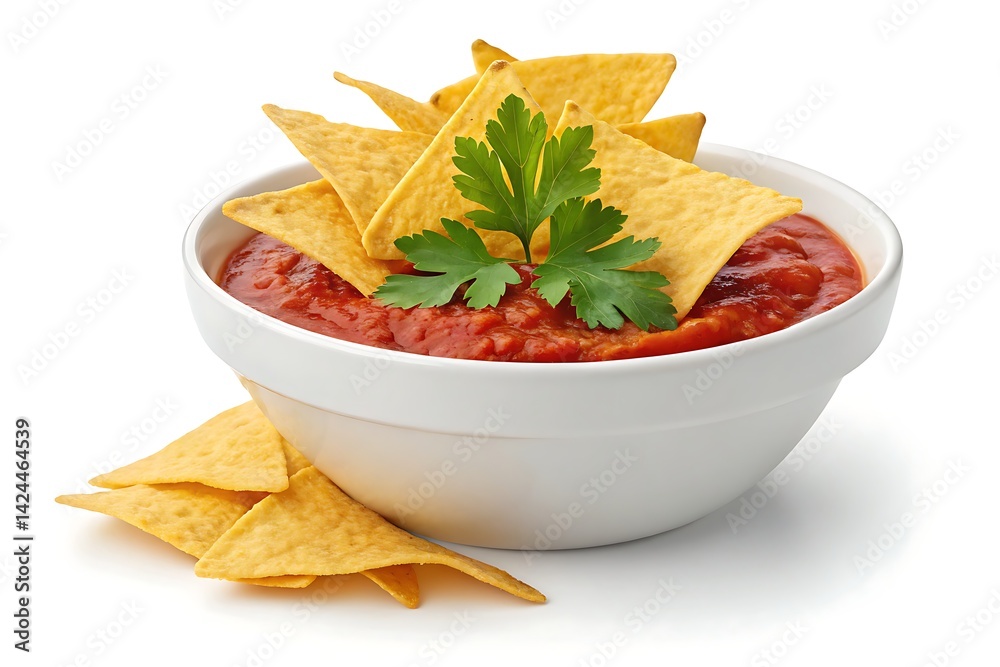 Nachos with Salsa in White Bowl with Parsley Garnished, Isolated on White Background Nachos with Salsa in White Bowl with Parsley Garnished, Isolated on White Background