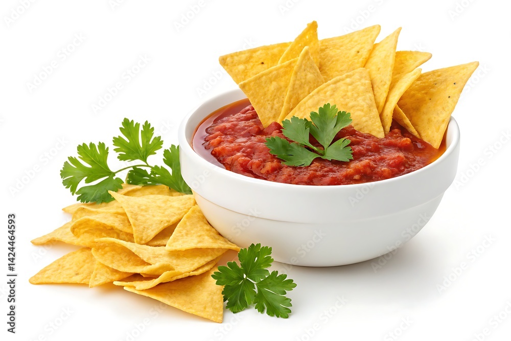 Fresh Salsa Bowl with Corn Tortilla Chips and Cilantro on a Clean White Backdrop Fresh Salsa Bowl with Corn Tortilla Chips and Cilantro on a Clean White Backdrop