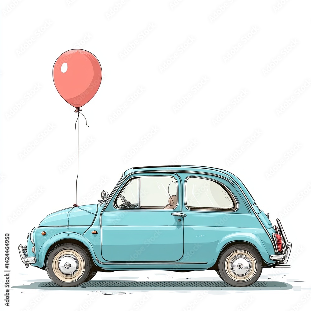 Fototapeta A charming blue car with a pink balloon tied to it, evoking a sense of whimsy.