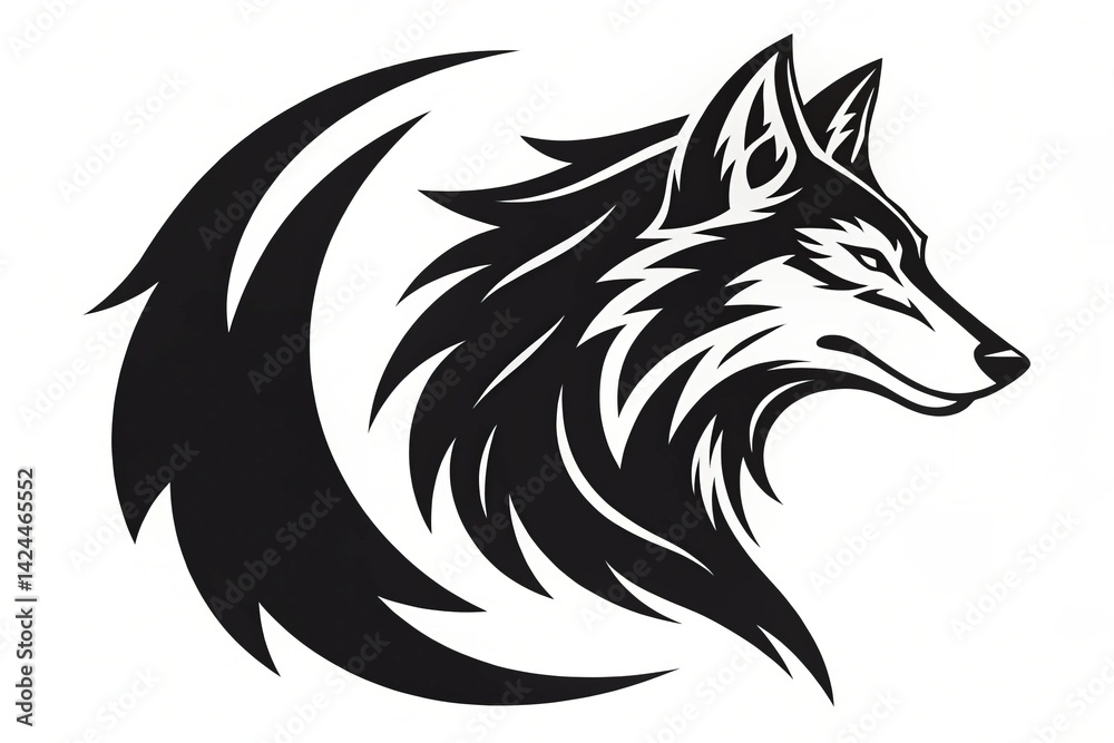 Obraz premium A majestic wolf's profile, powerfully rendered in a tribal-inspired black and white design, evokes strength and freedom.