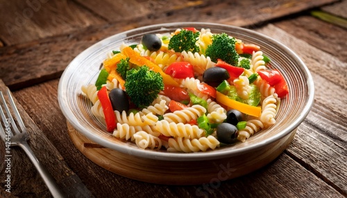 pasta salad with vegetables a vibrant and appetizing pasta salad brimming with colorful vegetables including bell peppers broccoli and olives is served in a bowl on a rustic wooden table