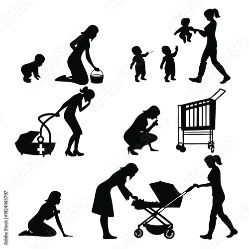 Silhouette Illustrations of Mothers and Babies in Various Activities