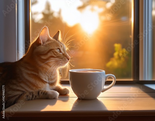 a new morning with a favorite cup of coffee and a cute cat near the window