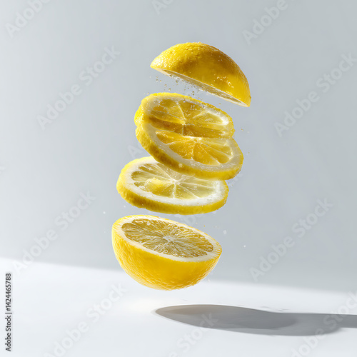 Five thin slices of fresh lemon appear suspended in mid-air against a crisp white background. Shot in a studio with precision lighting