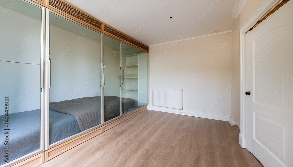 Obraz premium a bright unfurnished bedroom with a large built in wardrobe with glass doors