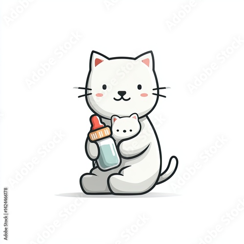 Adorable cartoon cat nurturing her kitten with a bottle in a playful and loving manner.