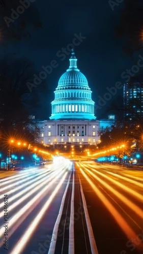Night view of the US Capitol building with colorful light trails from fast-moving traffic, symbolizing political power, national governance, urban energy, and dynamic city life. Travel concept. 