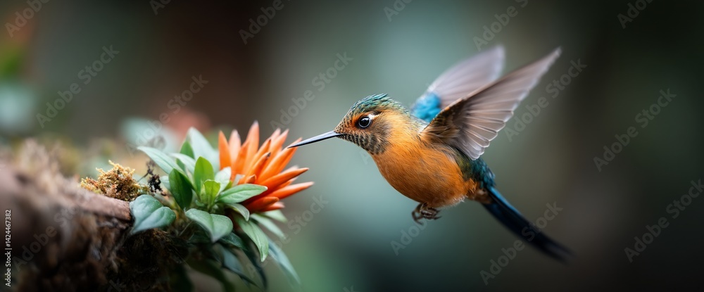 Fototapeta premium Tiny hummingbird in flight, visiting an orange flower, wings spread. Vibrant colors, blurred background