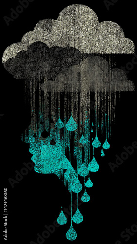 A single cloud with blue raindrops on a black background. The clouds form an abstract shape that resembles the silhouette of a human head or face, giving it an otherworldly and surreal look.