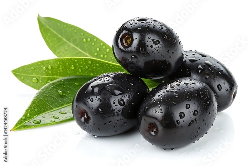 Java Plums (Jamun) Pile with Water Droplets and Green Leaves on White Background Close Up