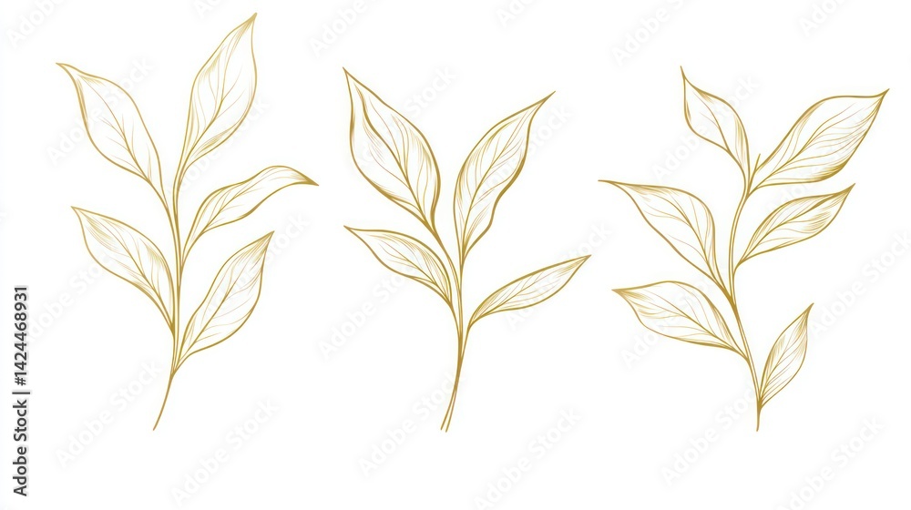 Golden leaves, elegant branches, botanical art, white background, design element Golden leaves, elegant branches, botanical art, white background, design element