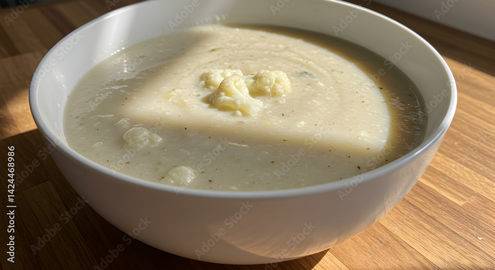 Creamy Cauliflower Soup In White Bowl On Wooden Surface Creamy Cauliflower Soup In White Bowl On Wooden Surface
