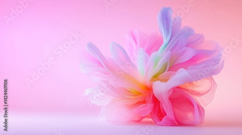 Delicate abstract flower made of colorful translucent fabric rests on a soft pink surface under gentle studio light.