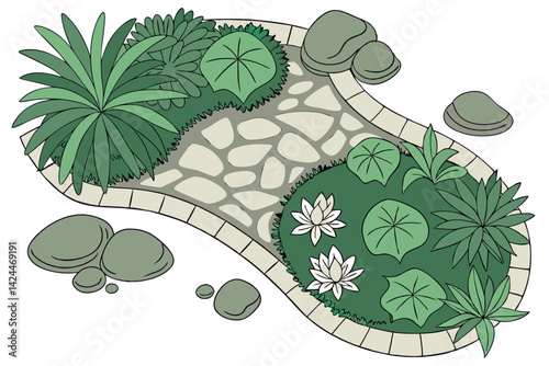 41 Top-down view, aerial plants, tropical foliage, landscape design elements, water lilies, succulents, lotus leaves, green palette, botanical illustration, architectural rendering, garden planning, o
