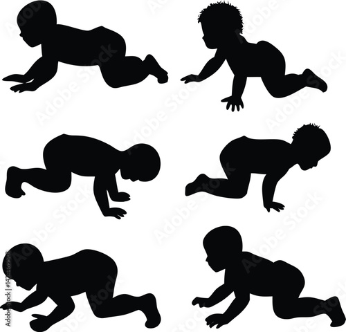 Six Silhouettes of Babies Crawling in Different Poses