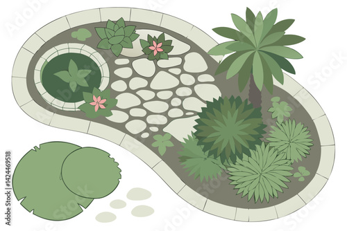41 Top-down view, aerial plants, tropical foliage, landscape design elements, water lilies, succulents, lotus leaves, green palette, botanical illustration, architectural rendering, garden planning, o