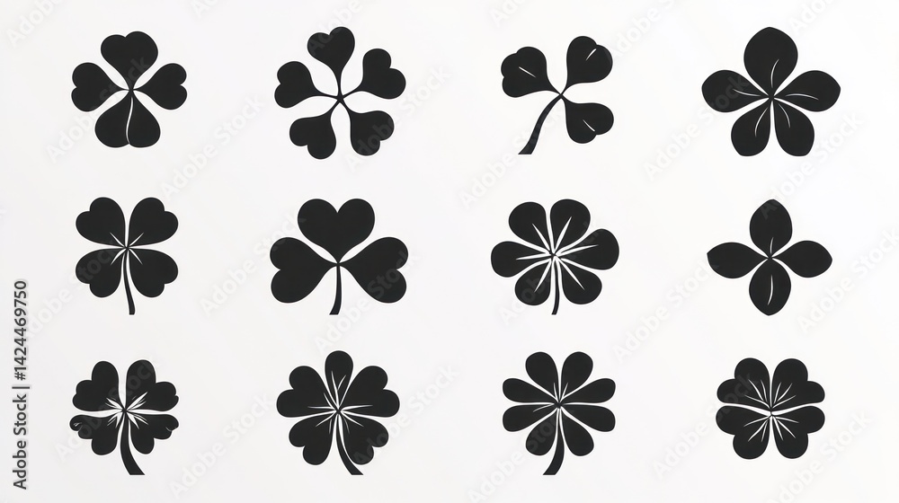 Four-leaf clover icons; design elements; white background; St. Patrick's Day; graphic design Four-leaf clover icons; design elements; white background; St. Patrick's Day; graphic design