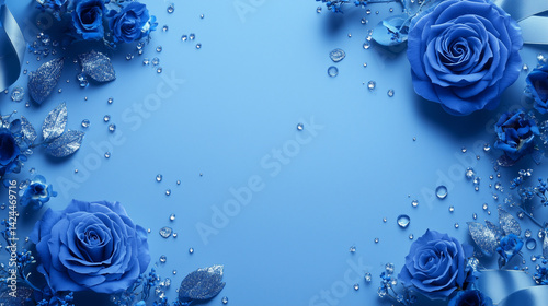 Elegant Winter Design: Blue Roses, Ribbons, and Sparkles Framing a Serene Gradient Center – Perfect for Wedding Stationery, Holiday Cards, and Luxury Branding