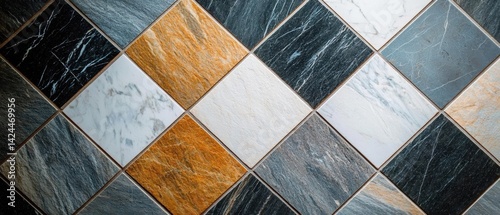 Close-up of a tiled floor with a diamond pattern. the tiles are arranged in a grid-like manner, with each tile having a different color and texture. © GATE 22
