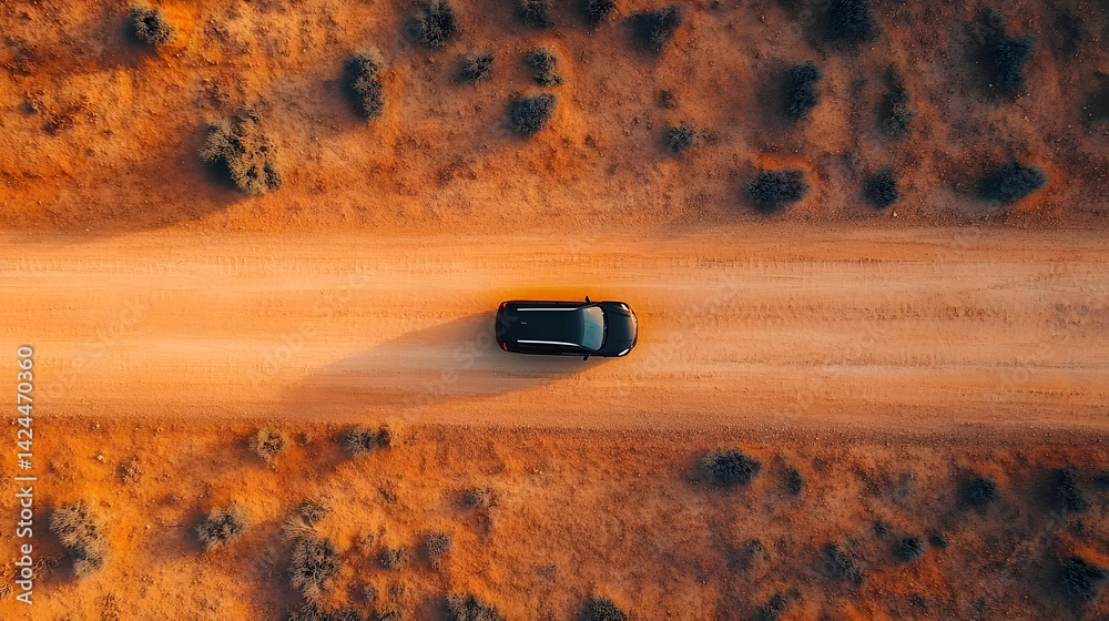 Aerial top view of car driving through desert on a dirt road. Tranquility nature and the road less traveled