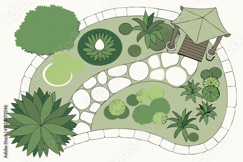 41 Top-down view, aerial plants, tropical foliage, landscape design elements, water lilies, succulents, lotus leaves, green palette, botanical illustration, architectural rendering, garden planning, o