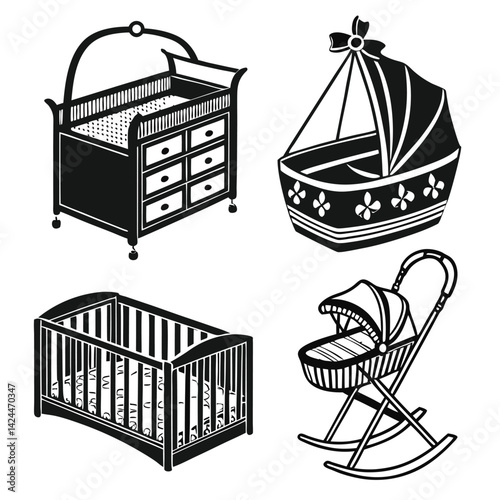 Black and White Illustration of Baby Nursery Furniture
