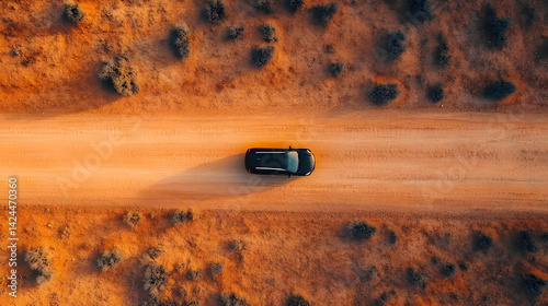 Obraz na płótnie Aerial top view of car driving through desert on a dirt road. Tranquility nature and the road less traveled w salonie