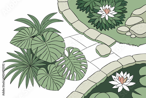 41 Top-down view, aerial plants, tropical foliage, landscape design elements, water lilies, succulents, lotus leaves, green palette, botanical illustration, architectural rendering, garden planning, o